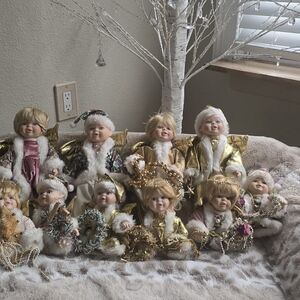 Set of Porcelain Angel Dolls with Gold and White Outfits